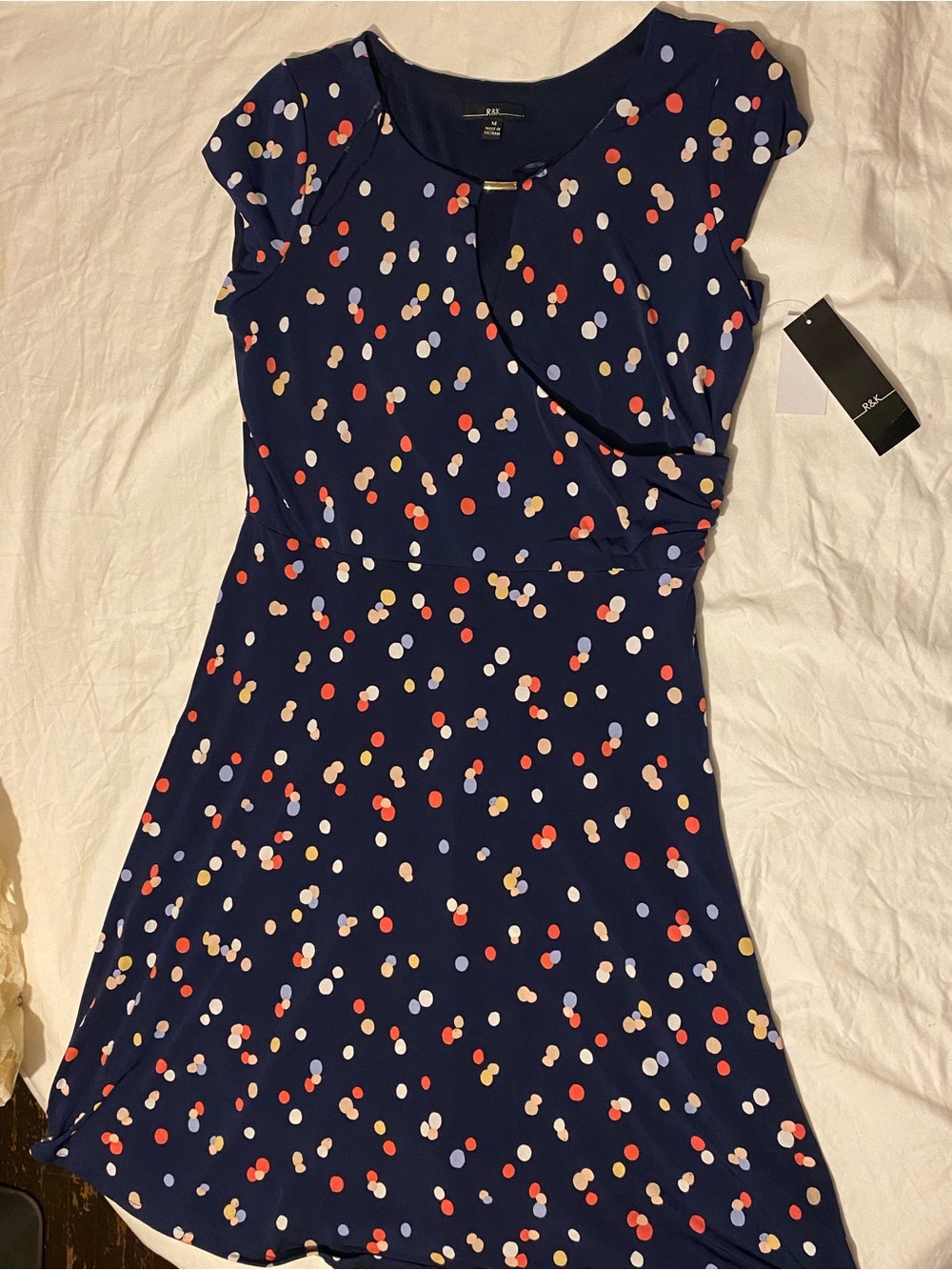 R&K Navy Mini Dress with Rust, Cream & Light Blue Dot Print